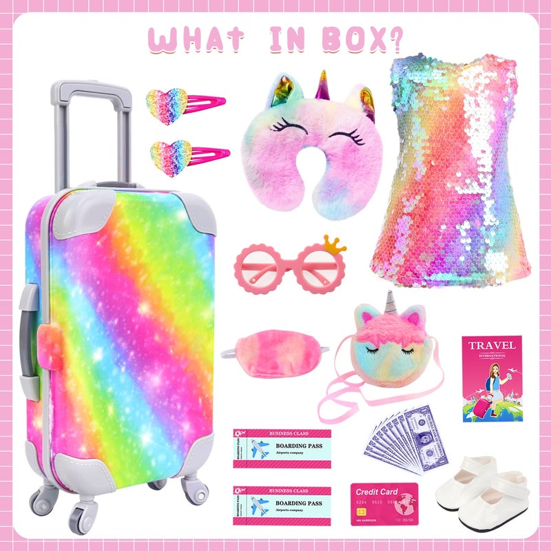 K. T. Fancy K.T. Fancy 23 Pcs American 18 Inch Doll Clothes and Accessories  Cute Doll Suitcase Set for 18 Inch Girl Doll Included Doll Sequined Dress  Sunglasses  Unicorn Bag  Shoes(No Doll) - Image 2